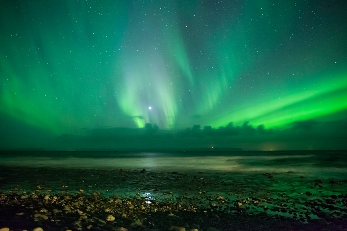 The Borgarfjörður estuary at Borgarnes with mountains in the background, West Iceland