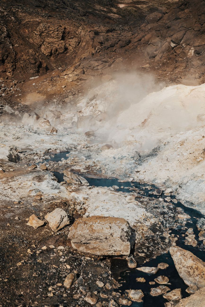 Steaming geothermal vents and sulphurous terrain at Námaskarð, near Lake Mývatn, north Iceland