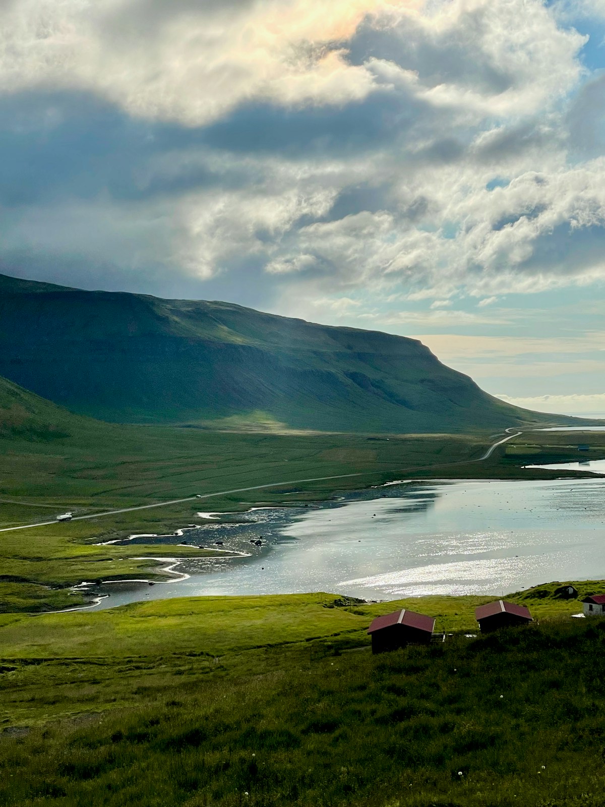 Green rolling hills meet a calm bay with small houses along the coast, Iceland