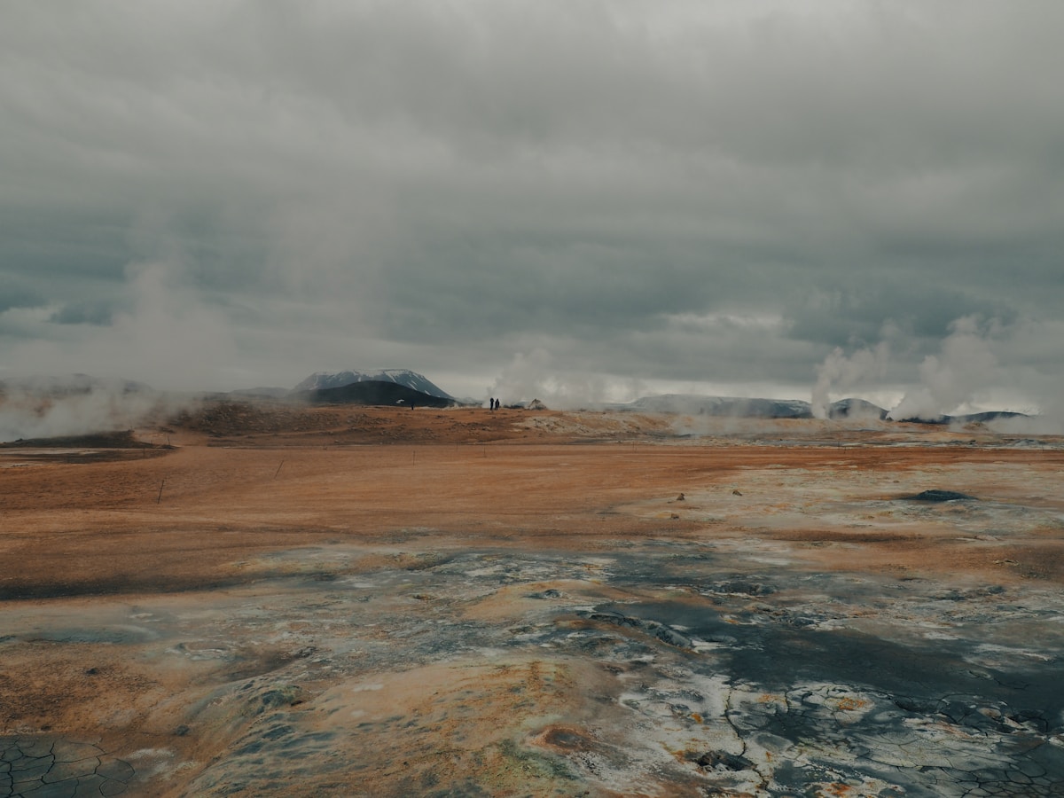 Steam rising from geothermal vents at Hverir near Lake Mývatn, north Iceland