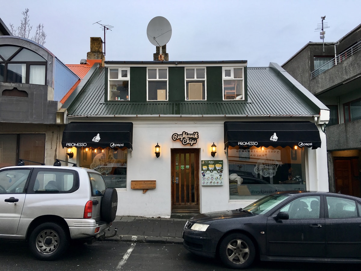 Reykjavik Chips restaurant storefront on a quiet Reykjavík street, Iceland