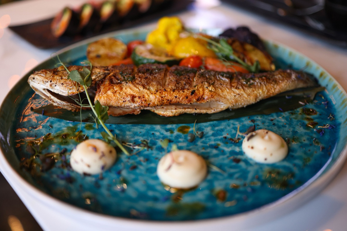 Vibrant plate of grilled fish with assorted vegetables at a gourmet Icelandic restaurant