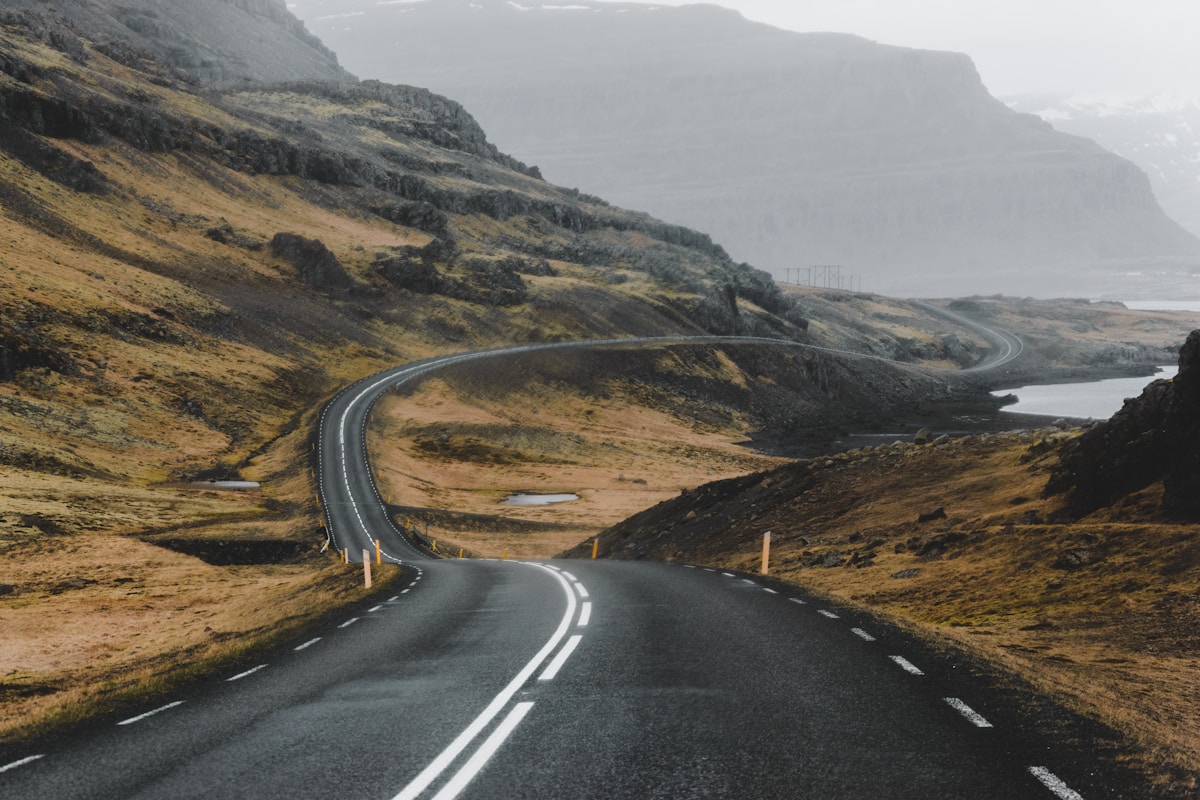Winding mountain road through Berufjörður in east Iceland