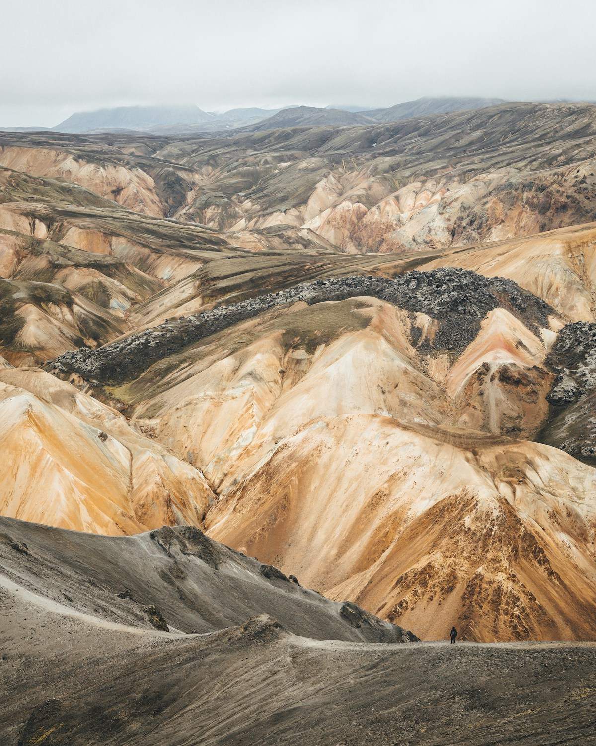 Vast panorama of colourful rhyolite mountain ridges at Landmannalaugar, Iceland highlands