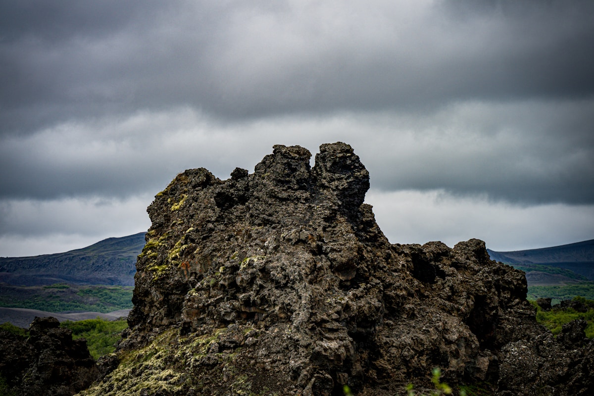Jagged volcanic rock formations at Dimmuborgir lava field, Lake Mývatn, Iceland