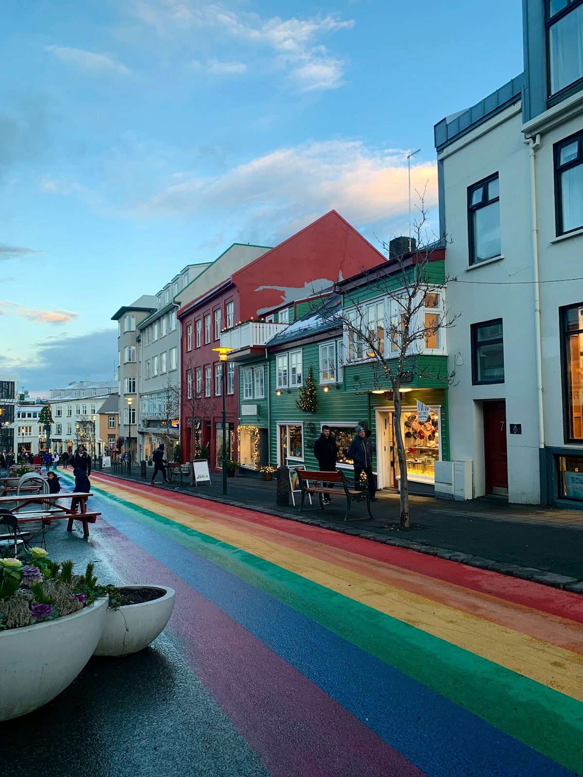 Rainbow-painted Skólavörðustígur street in central Reykjavík leading toward Hallgrímskirkja church
