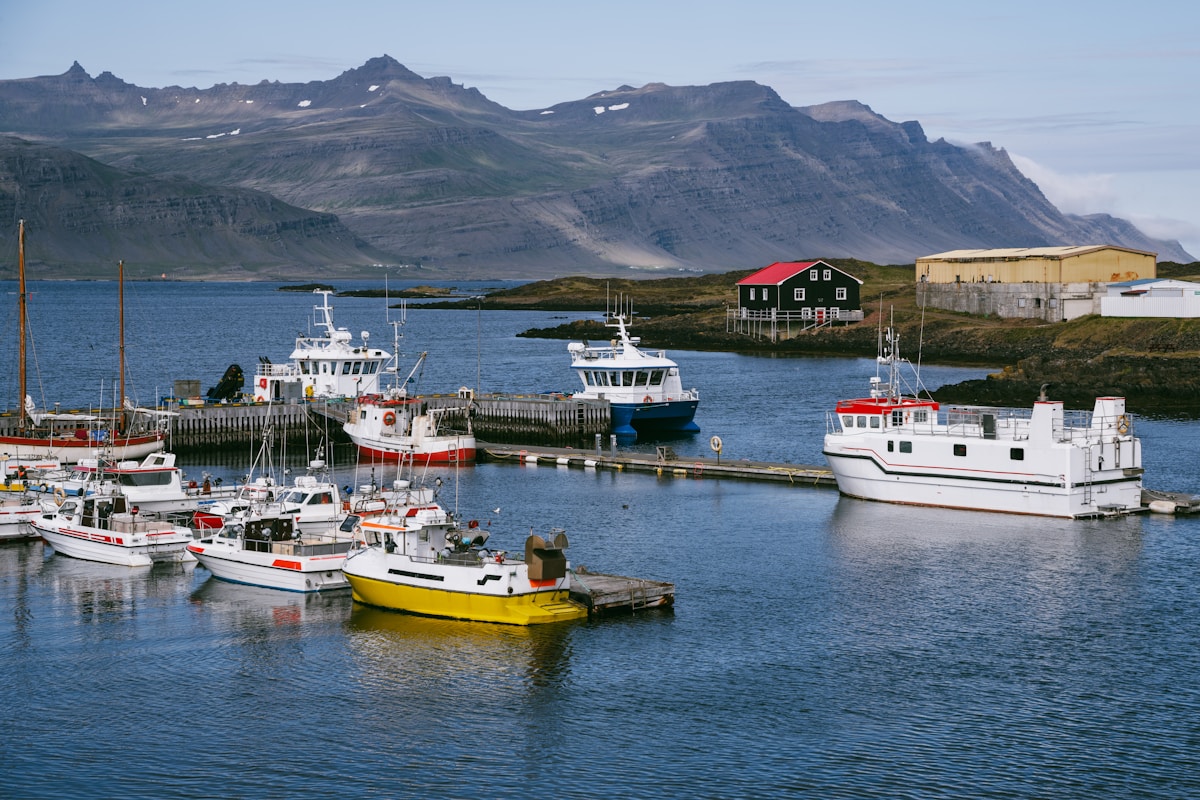 Fishing boats moored at an Icelandic harbour with dramatic snow-capped mountains rising behind