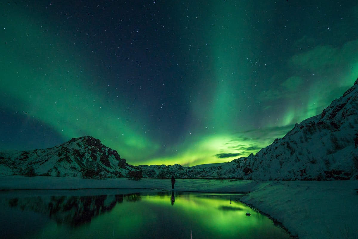 Snow mountain with aurora borealis over Iceland — March