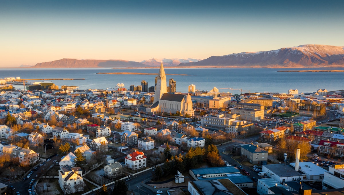 Aerial view of Reykjavik with Hallgrímskirkja church and Faxaflói bay, Iceland