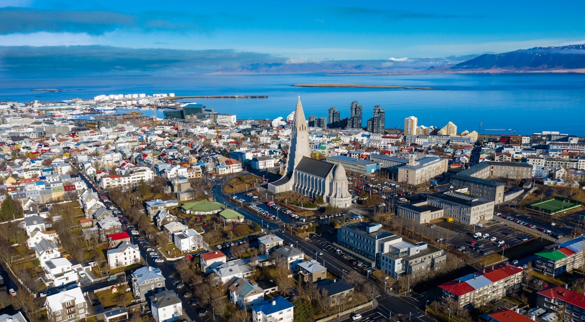 Aerial view of Reykjavík city buildings — eSIM and mobile data in Iceland