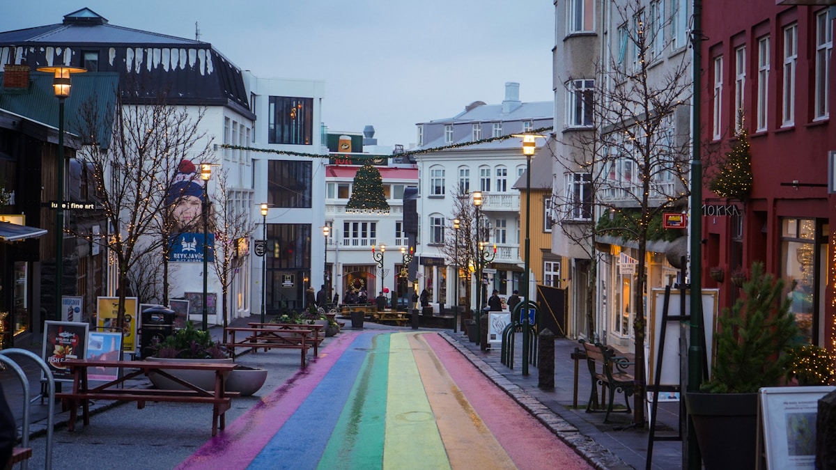 Colourful rooftops of central Reykjavik with Hallgrimskirkja church rising above the city