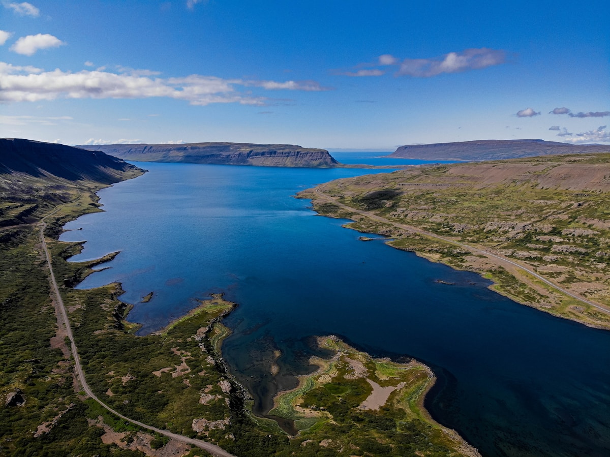 Aerial view of a lake and green trees in the Westfjords, Iceland