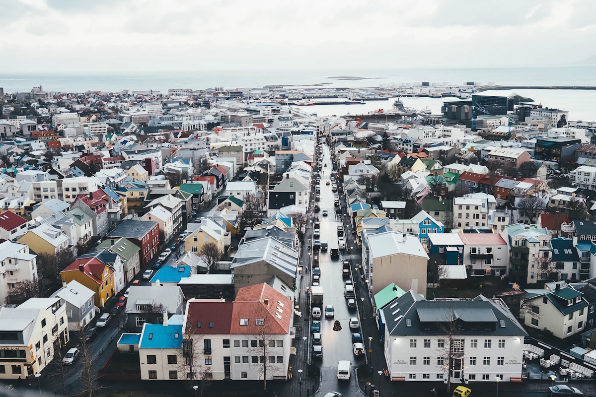View of Reykjavík city centre with colourful rooftops and Hallgrímskirkja