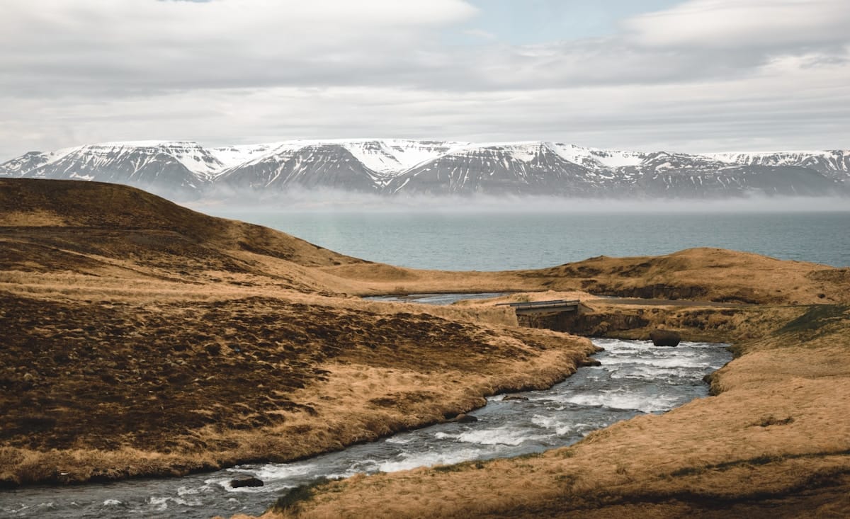 Stream running through open tundra with snow-capped mountains and fjord in the background, Westfjords Iceland